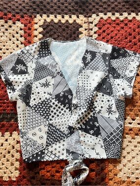 *Free with $35 Purchase* Black & White Patchwork Crop Top with Tie Front